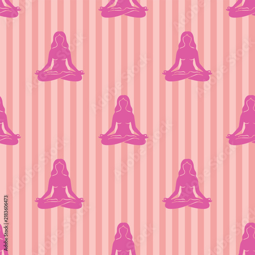 Pink Yoga Lotus Pose Striped Seamless Pattern. Bright pink meditating woman silhouette repeat pattern on pastel striped background for wellness
