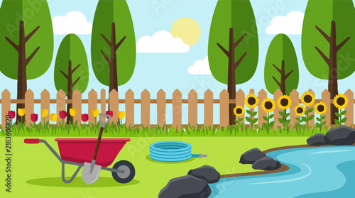 Vibrant Flat Design Garden Landscape with Gardening Tools, Flowers, and Pond