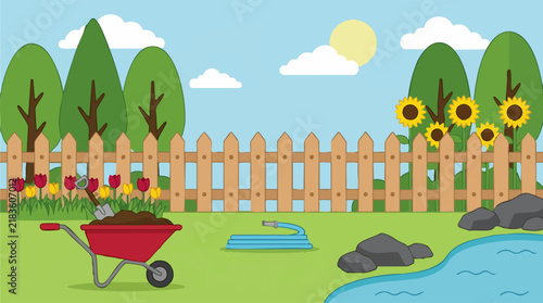 Vibrant Cartoon Garden Scene with Gardening Tools, Flowers, and Pond