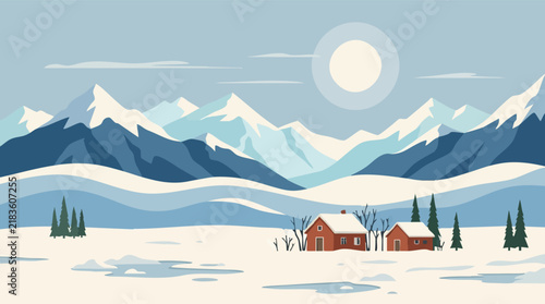 Minimalist Winter Landscape with Snowy Mountains, Houses, and Evergreen Trees