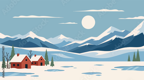 Flat design winter scene with snowy peaks, red cabins, and evergreen trees