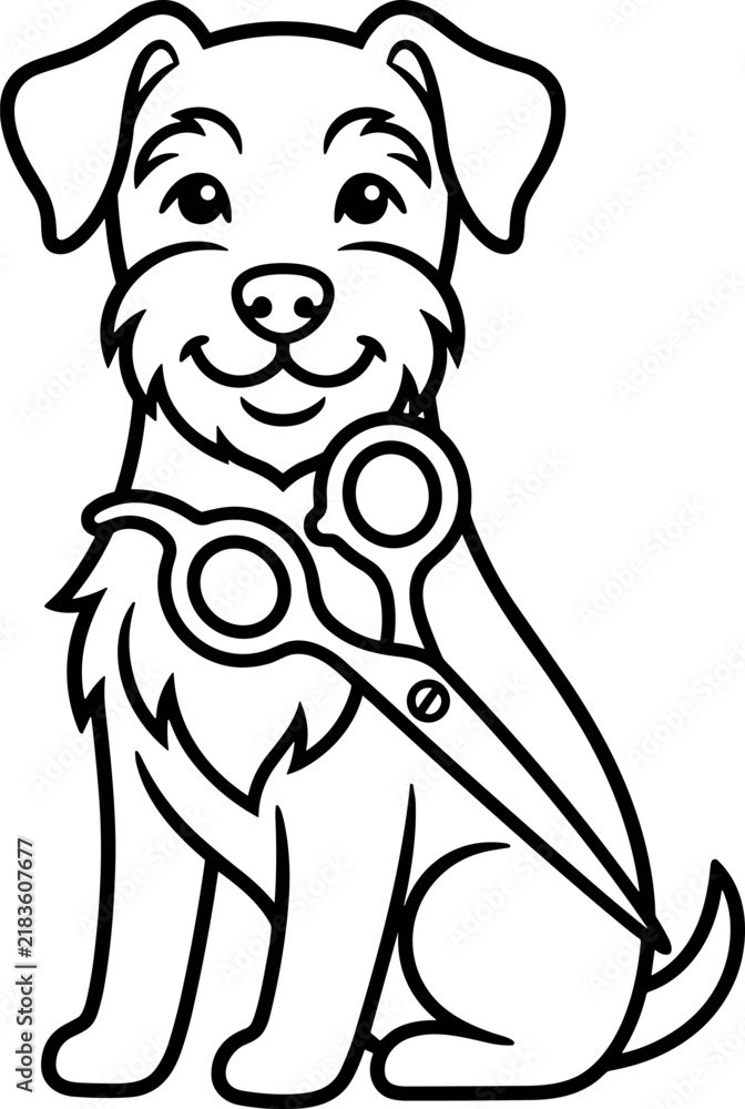 Fototapeta premium Friendly cartoon dog with scissors, flat design illustration for grooming services, isolated on white