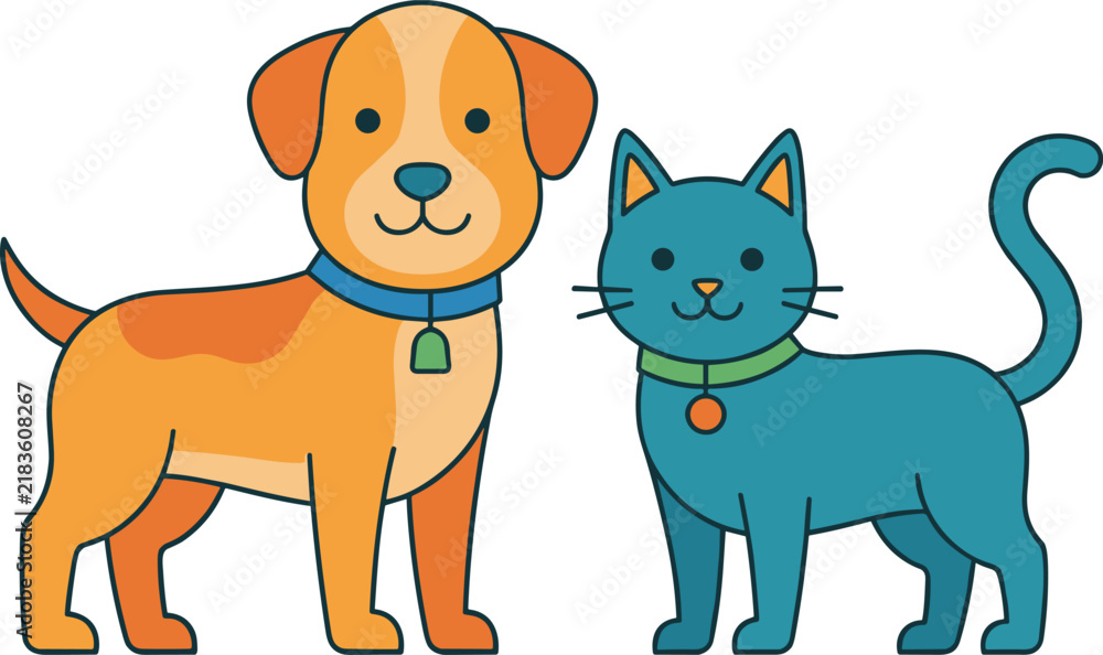 Obraz premium Stylized cartoon dog and cat stand side by side, flat design illustration, isolated on white background