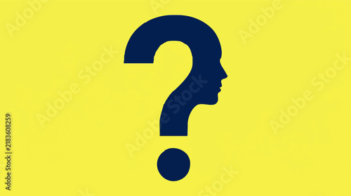Questioning mind concept: human head as question mark on yellow background