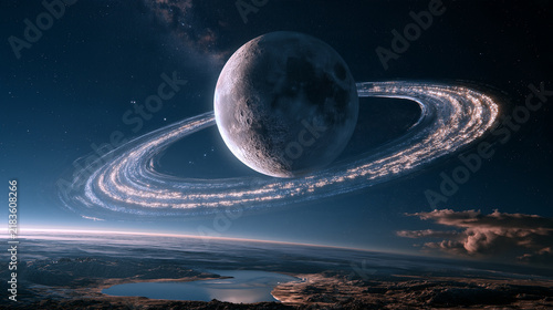 Tang Dynasty Mid-Autumn poetry light cosmic scene, tang poem lines as ice crystal characters surrounding moon, refracting star moonlight, forming magnificent ring, immortal cultural soul epic poster c