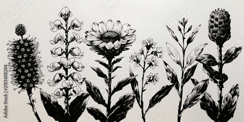 Black and White Grass and Floral Vector Pattern with Wildflowers Leaves and Botanical Branches Vintage Hand Drawn Nature Illustration for Seamless Wallpaper and Decorative Design