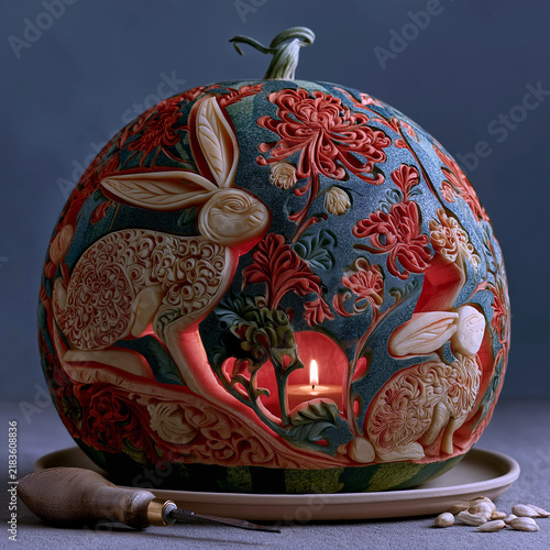 Mid-Autumn watermelon lantern creative still life, hollowed watermelon carved with rabbit osmanthus patterns, warm candlelight projecting beautiful shadows, carving tools seeds nearby, folk fun wisdom