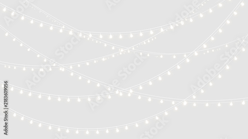 Hanging white fairy lights on transparent background. Draped string lights garland overlay. Festive holiday decoration element