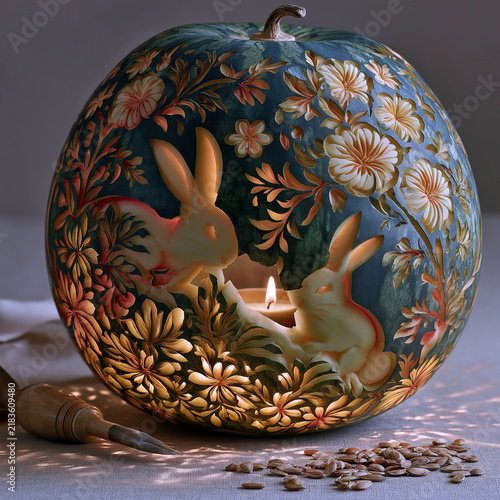 Mid-Autumn watermelon lantern creative still life, hollowed watermelon carved with rabbit osmanthus patterns, warm candlelight projecting beautiful shadows, carving tools seeds nearby, folk fun wisdom