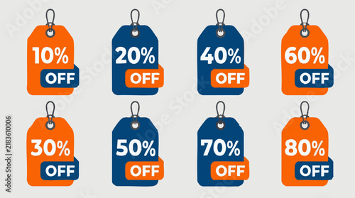 Discount sale labels set with percentage off from 10 to 80 percent