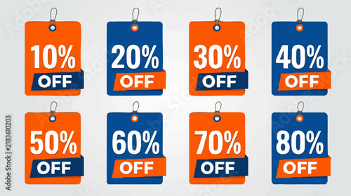 Set of colorful discount tags with various percentage off for promotions