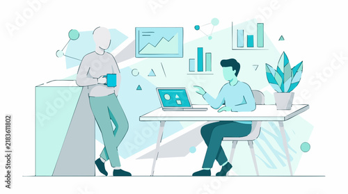 Business team collaboration and data analysis in modern office illustration