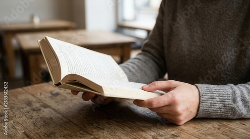 Naklejka Hands Holding Open Book On Wooden Table