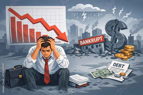 A man is overwhelmed by financial information and symbols of financial distress.
