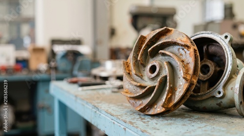 Corroded water pump impeller on a metal workbench. Rusty industrial machinery part and dismantled casing in a repair workshop. Mechanical wear and maintenance concept