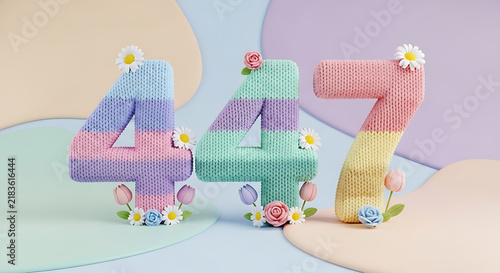 Charming 3D render of the number 447, with numbers knitted in pastel yarn and adorned with small daisies and roses on soft pastel shapes.