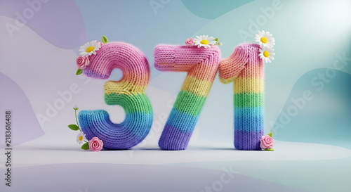 Vibrant rainbow-striped knitted numbers 371 with delicate flowers and leaves, set against a soft, dreamy pastel gradient background.