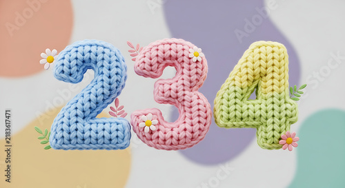 Knitted numbers 234 in soft pastel colors with delicate floral accents. Ideal for crafting, children's themes, counting, or educational designs.