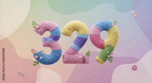 Whimsical knitted numbers 329 in a pastel rainbow palette with floral accents. Ideal for children's themes, celebrations, or any design needing a touch of soft joy.