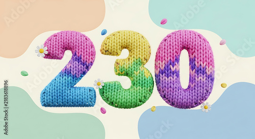 Vibrant knitted numbers 230 in rainbow color blocks with playful daisy and pastel oval accents