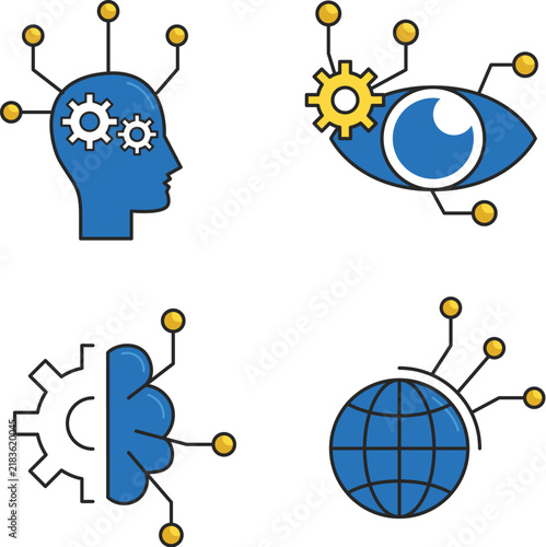 artificial intelligence, AI icon, AI chip, processor, microchip, AI brain, digital brain, circuit brain, neural network, idea, lightbulb, innovation, gear, cog, human head, AI mind, machine learning, 
