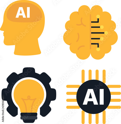 artificial intelligence, AI icon, AI chip, processor, microchip, AI brain, digital brain, circuit brain, neural network, idea, lightbulb, innovation, gear, cog, human head, AI mind, machine learning, 