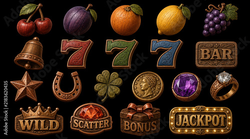 Set of isolated slot machine game icons featuring fruits, sevens, symbols, and jackpot elements on a black background for casino gaming interface design.