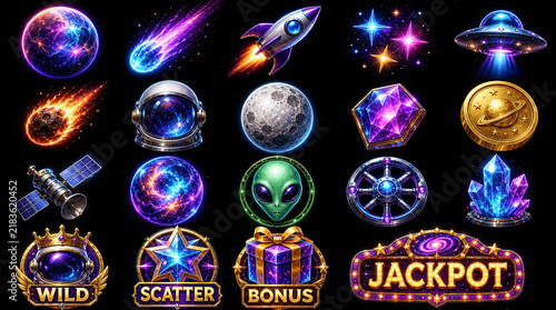 Set of cosmic slot machine game symbols featuring planets, astronaut helmet, ufo, rocket, crystals and jackpot interface elements isolated on a black background.