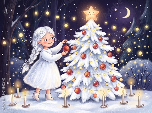A little girl with white hair in a winter dress decorating a snowy Christmas tree with red ornaments in a magical night forest.