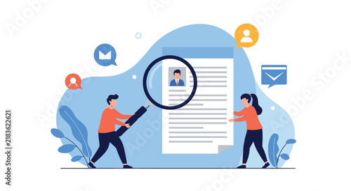 Hiring managers use a giant magnifying glass to carefully examine a resume or curriculum vitae of a job applicant.