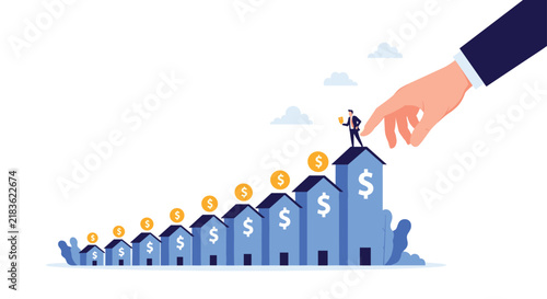 Supportive giant hand pushes a businessman along a row of rising houses with gold coins to symbolise real estate growth.