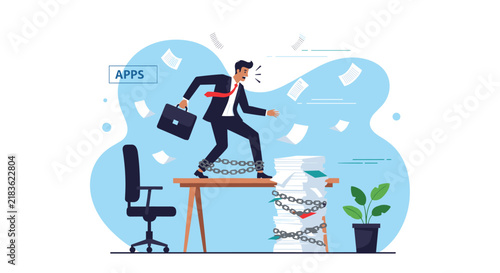 Frustrated businessman with chains on his ankles struggles to run across his desk over massive stacks of paperwork.