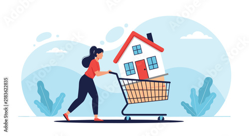 Determined woman pushes a shopping cart carrying a small model house through a bright scenic outdoor environment.