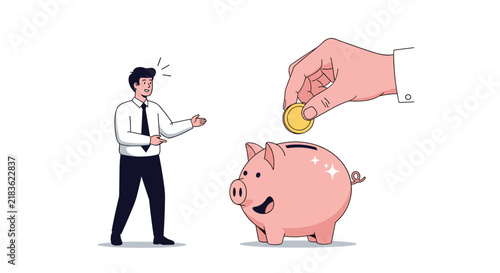 Giant hand places a gold coin into a large happy pink piggy bank while a smiling businessman looks on with approval.