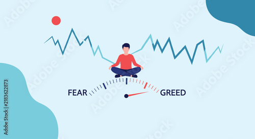 Investor meditating to find balance between fear and greed emotions while observing stock market price fluctuations on a chart.