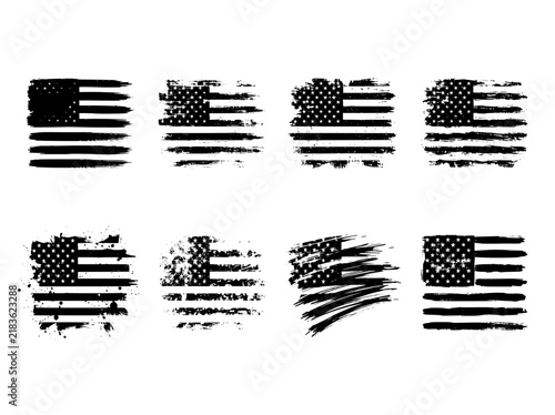 Distressed American flag vector set, 8 grunge USA flags with brush strokes, black and white patriotic icons for t-shirt design