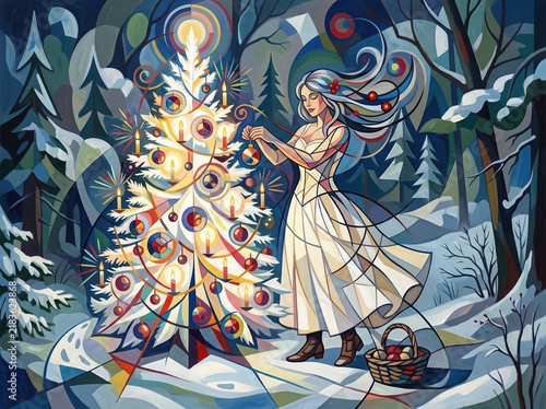 A stylized mosaic illustration of a woman in a white dress decorating a glowing Christmas tree in a snowy winter forest.