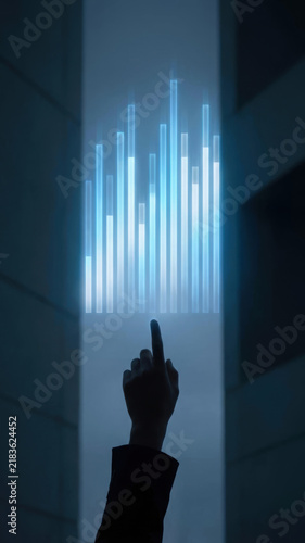 Hand pointing at luminous data analytics concept with blue light bars in dark futuristic interface