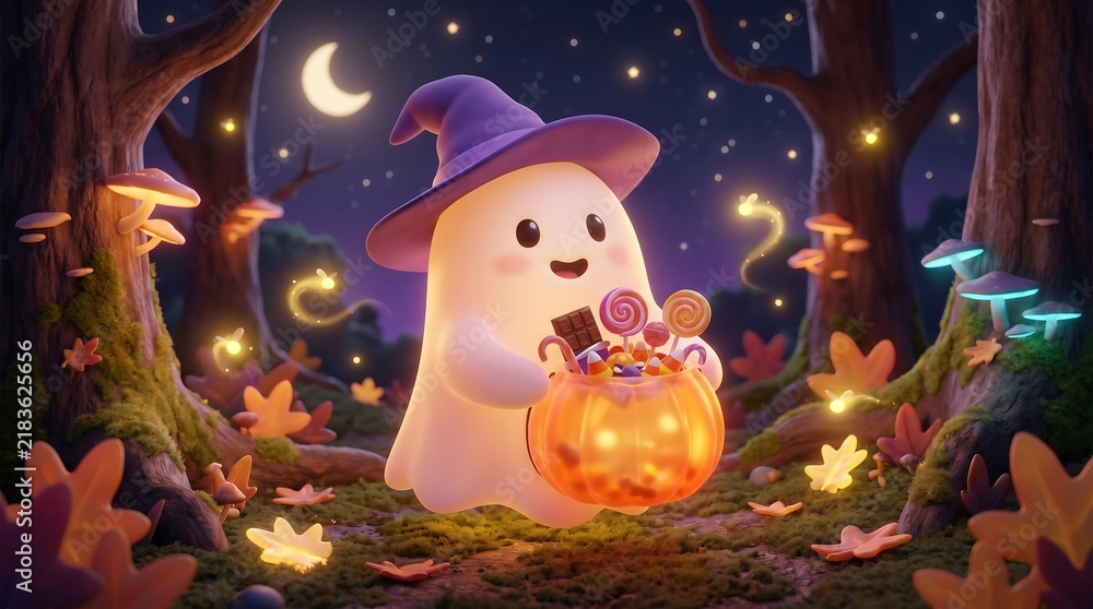 Obraz premium Cute 3D ghost holding pumpkin candy bucket in night forest