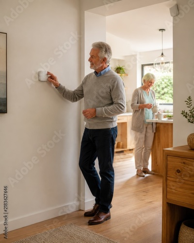 Older Couple Using Smart Thermostat at Home