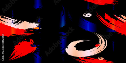 Foto Bold red and blue abstract paint strokes on black, high contrast for impactful graphic design