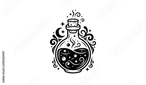 Cuadro en lienzo Black and white vector illustration of a magical potion bottle with swirling smo