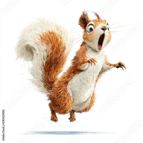 Squirrel jumps in surprise while exploring forest area during daytime