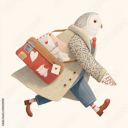 Charming owl delivers letters through a whimsical city street wearing a stylish coat and carrying a vibrant bag