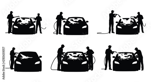 Car Wash Silhouettes With People Black On White Background