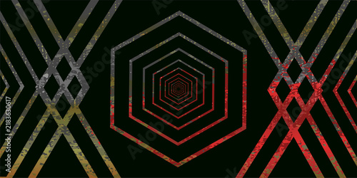 Abstract dark background with red and grey hexagonal tunnel patterns for modern technological design and presentations.