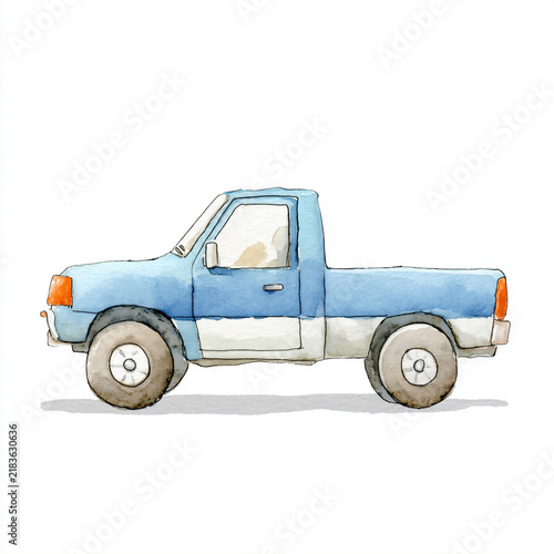 Illustration of a blue pickup truck in a side view with a simple design showcasing its features and wheels