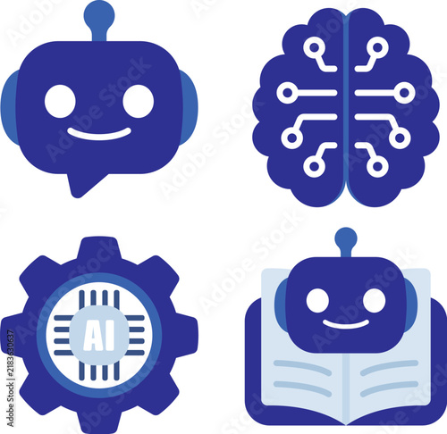 Keywords: artificial intelligence, AI icon, chatbot, robot, chat bubble, AI assistant, machine learning, AI education, AI learning, open book, knowledge, AI chip, processor, microchip, gear, cog, sett