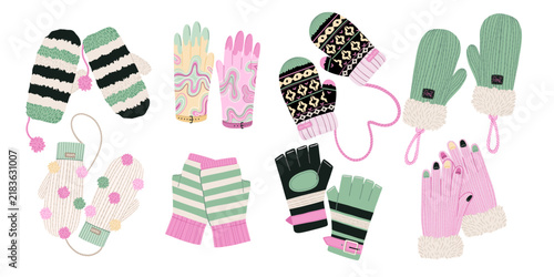 Fotografie Colorful knitted winter mittens and gloves, vector collection isolated on white