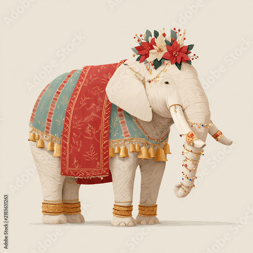 Colorful decorated elephant standing gracefully with floral and fabric adornments in a festive setting